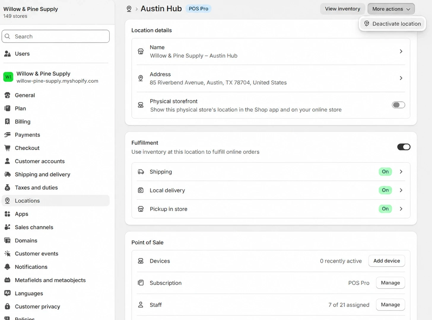 Deactivate location in shopify