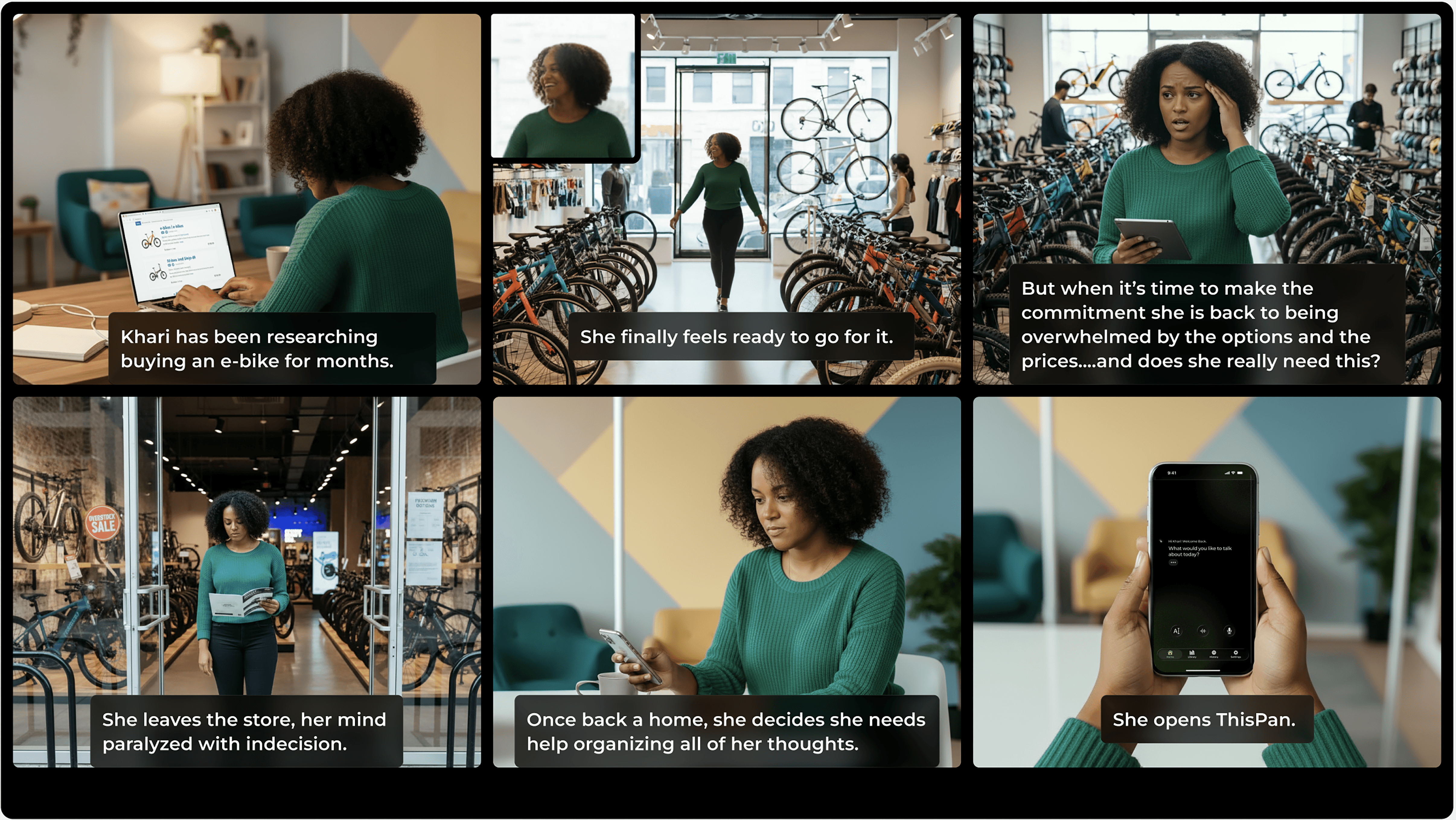 Storyboard showing user scenario - how they would use This Pan. The use is shopping ofr an e-bike, gets overwhelmed by they options, then truns to This Pan to help organize her thoughts.
