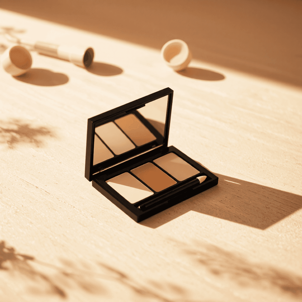 product photography of a compact makeup palette with concealer and a concealer pen