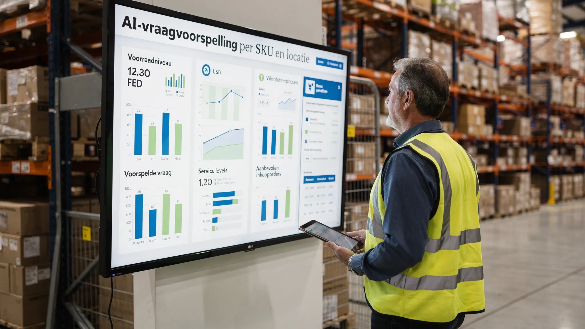 An operations manager in a warehouse looks at a large screen with an AI-driven demand forecast per SKU and location. The dashboard shows inventory levels, forecasted demand, service levels, and recommended purchase orders, with pallets and racks in the background.
