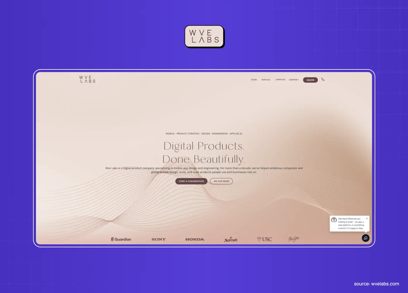 Wve Labs homepage, a Costa Mesa web and mobile product studio at $50 to $99 an hour