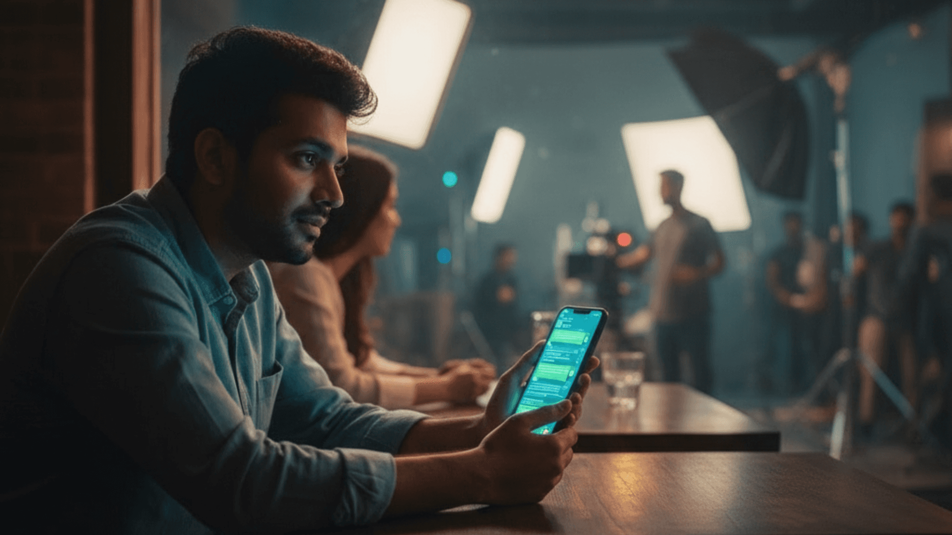User browsing messages on a smartphone while sitting on a film set, with crew and lighting equipment in the background.