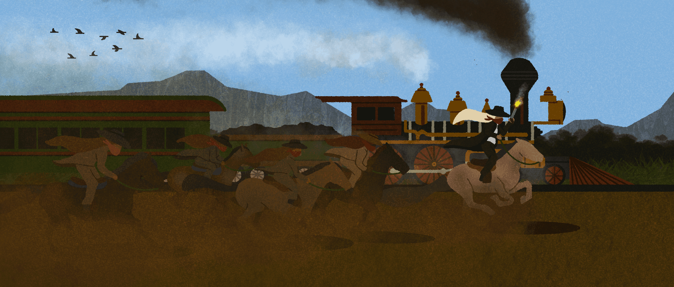 Illustration of a women-led train robbery in the Old West.