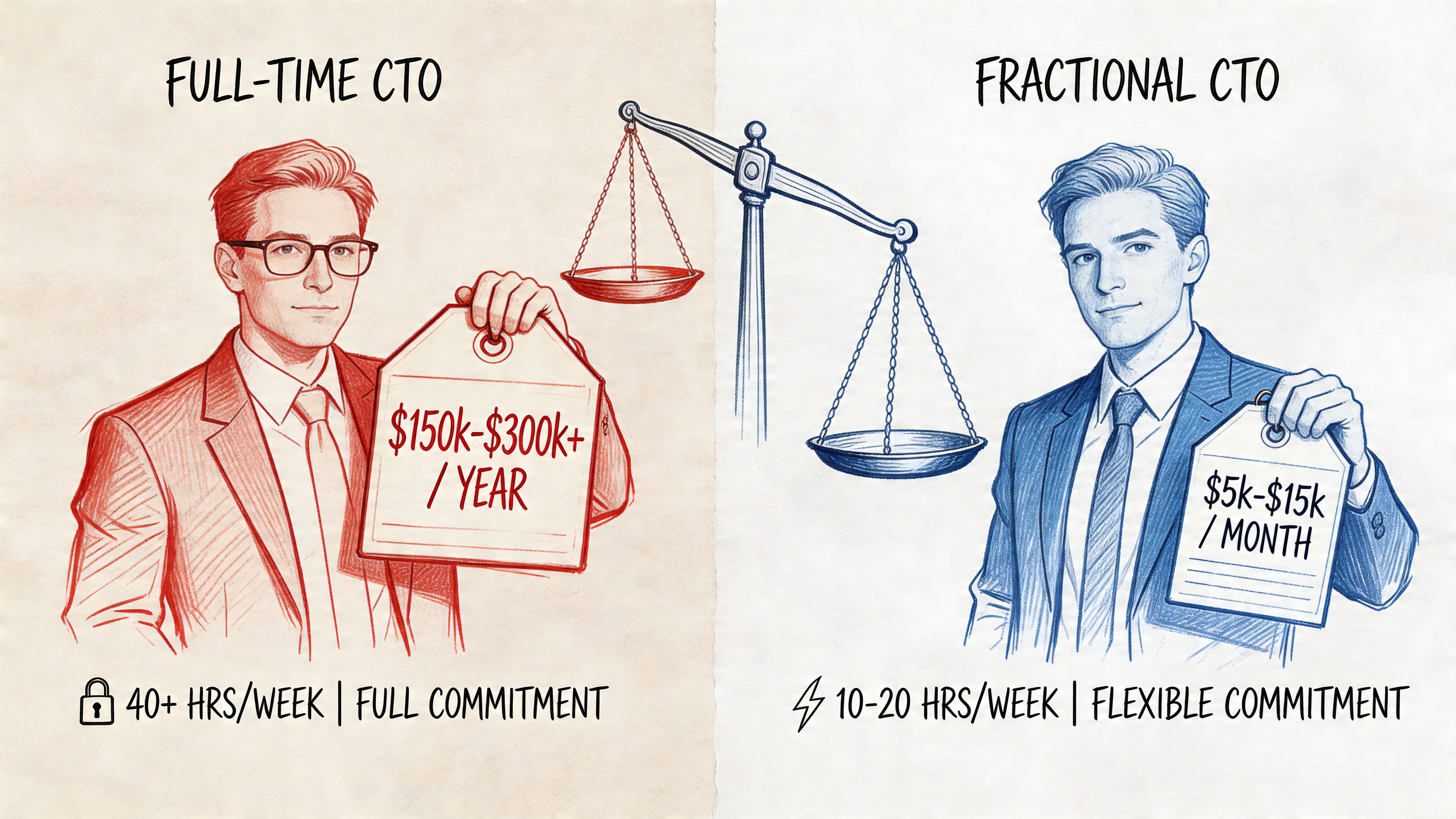 A comparison between a full-time CTO and a fractional CTO highlighting salary differences and weekly commitment hours.