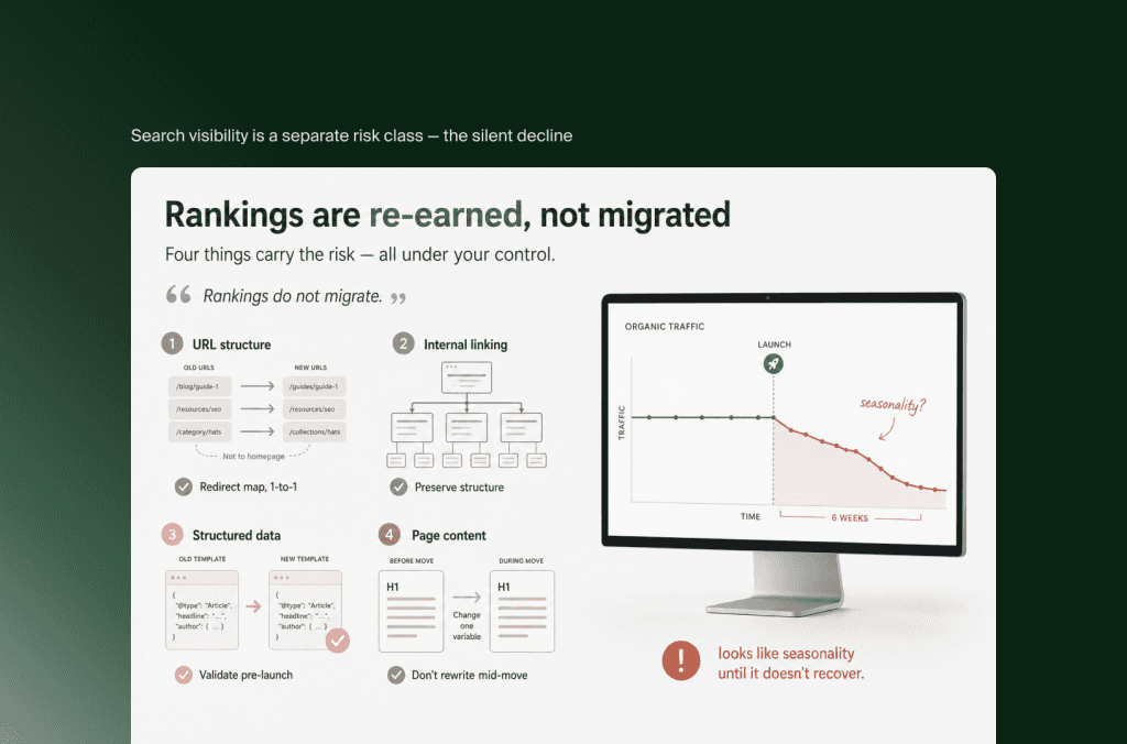 Organischer Traffic sinkt nach einem Replatforming-Launch, mit vier SEO-Risiken von Weiterleitungen bis Structured Data