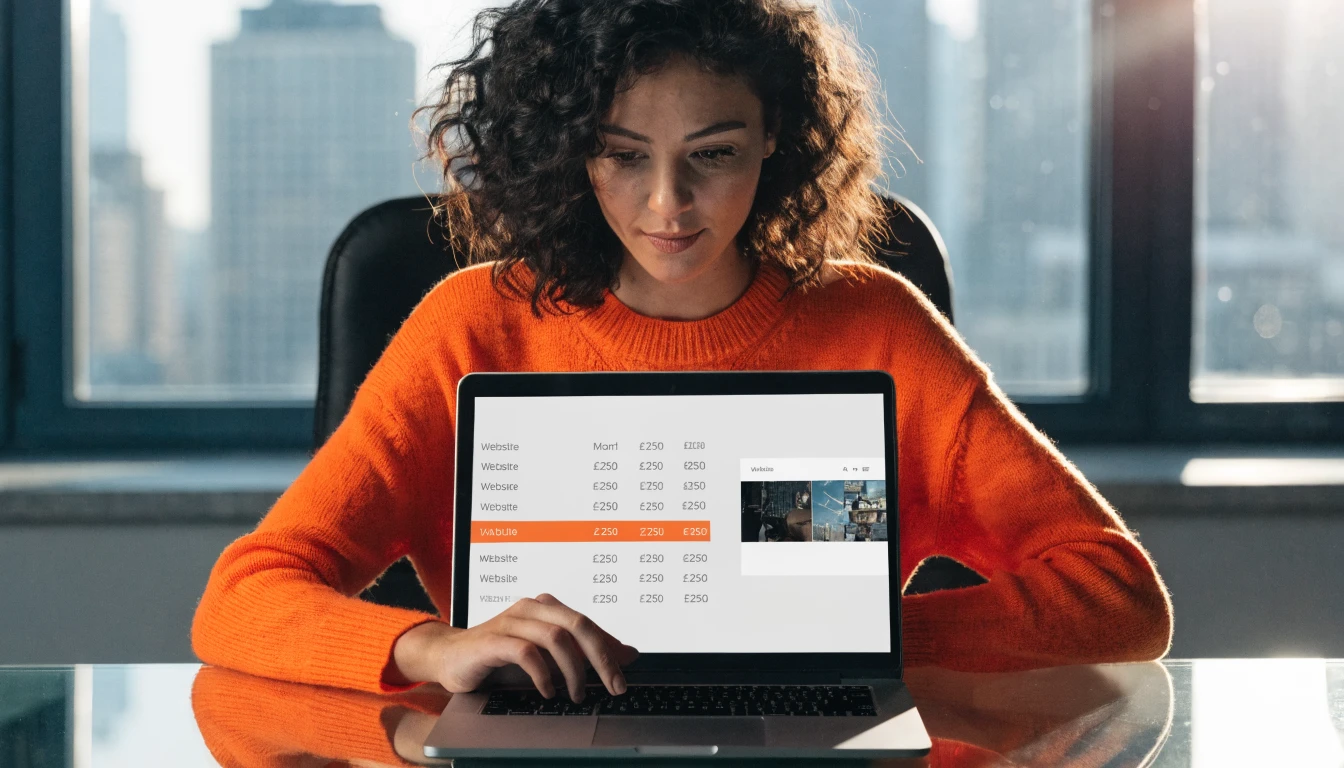 UK small business owner reviewing a simple cash flow forecast on a laptop, with monthly website cost line item highlighted at £250 and a clean modern website mockup beside it