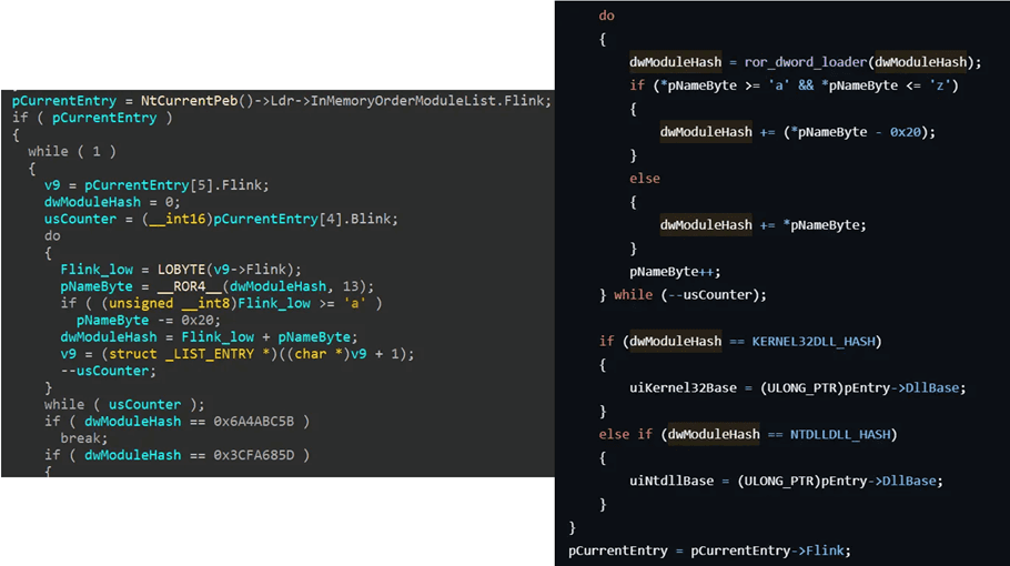 DLL Base Searching Logic - Left) app64.log, Right) ChromElevator