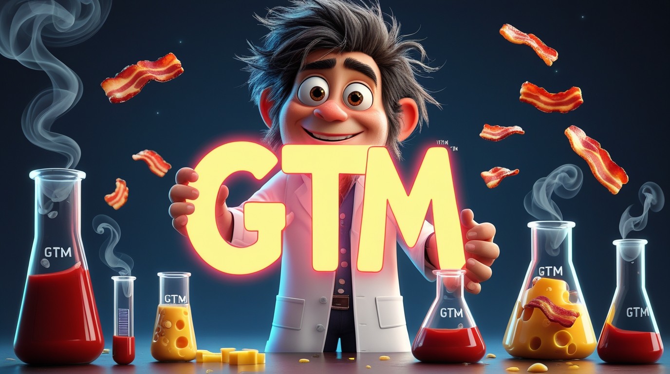 A crazy but friendly cartoon scientist with messy hair, wearing a white lab coat, holding a giant glowing GTM LOGO