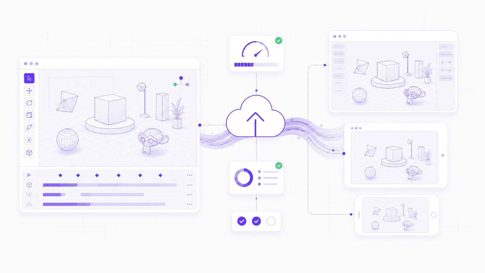 Vagon cloud sharing workflow for Godot projects showing a game editor connected to browser previews across multiple devices