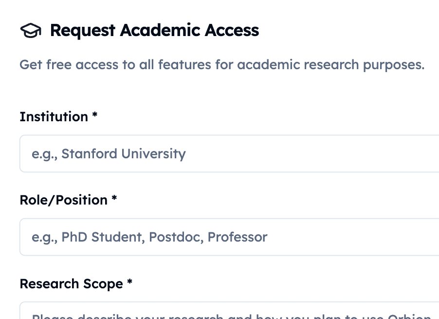 Orbion Platform's Academic Access Request Page