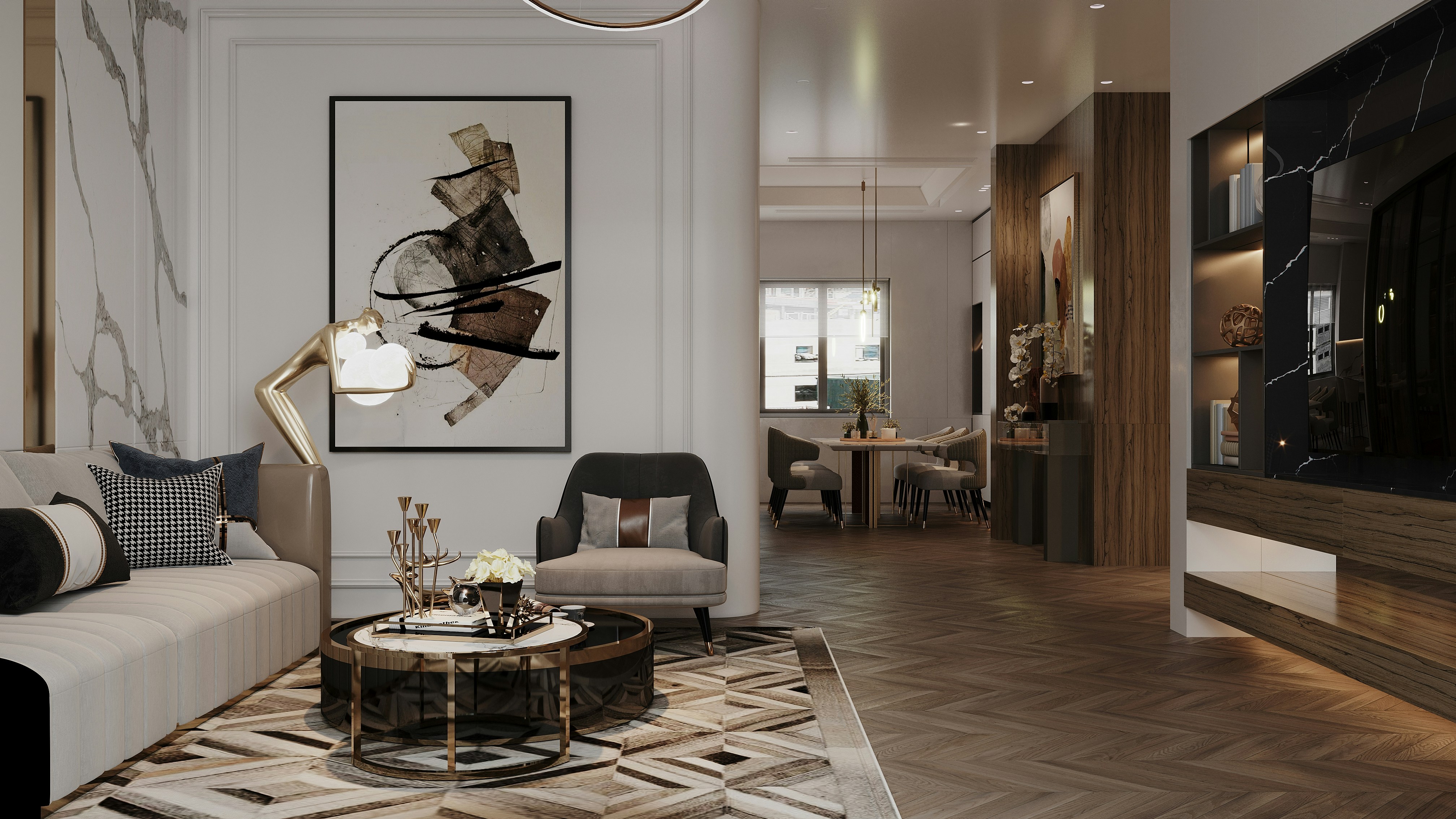 Luxury interior render of a modern living room with marble, wood wall panels, lounge seating, and warm lighting.