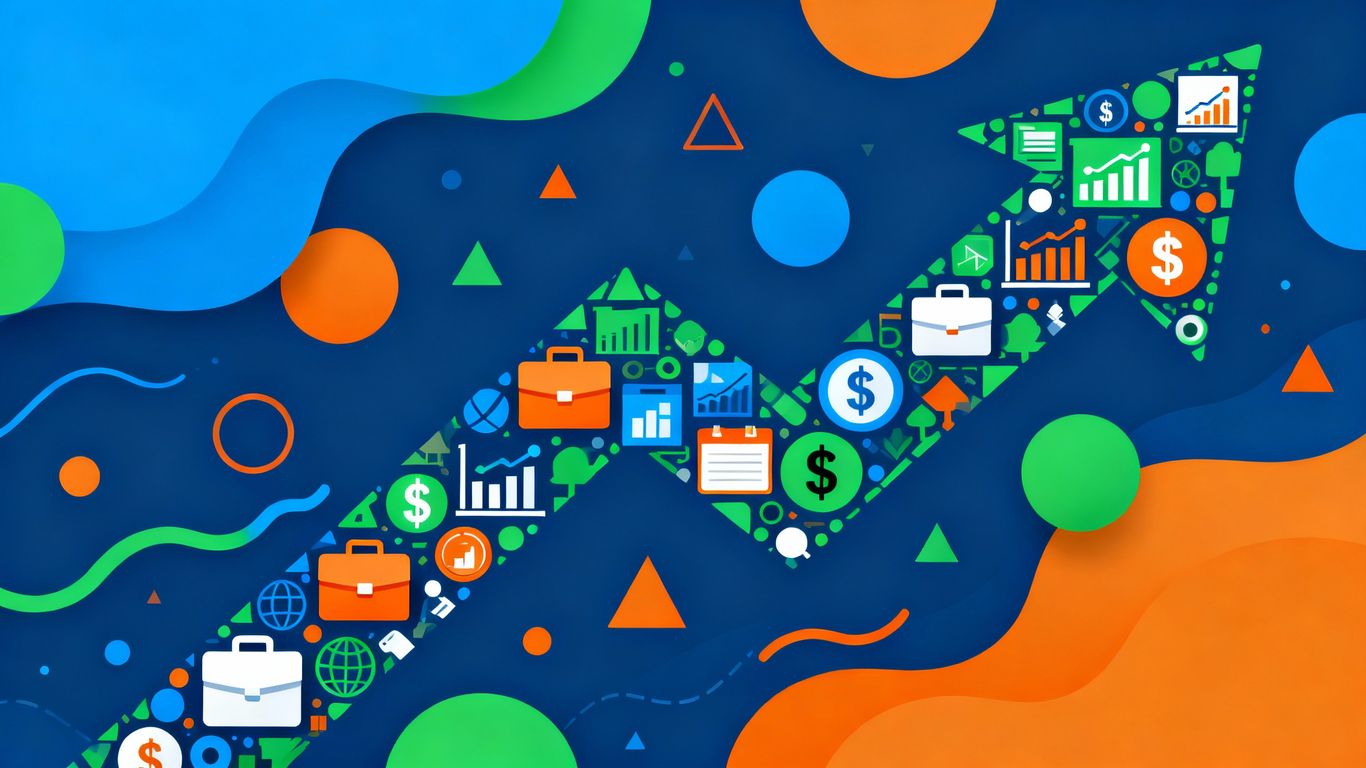 Upward trending arrow with business icons, symbolizing growth.