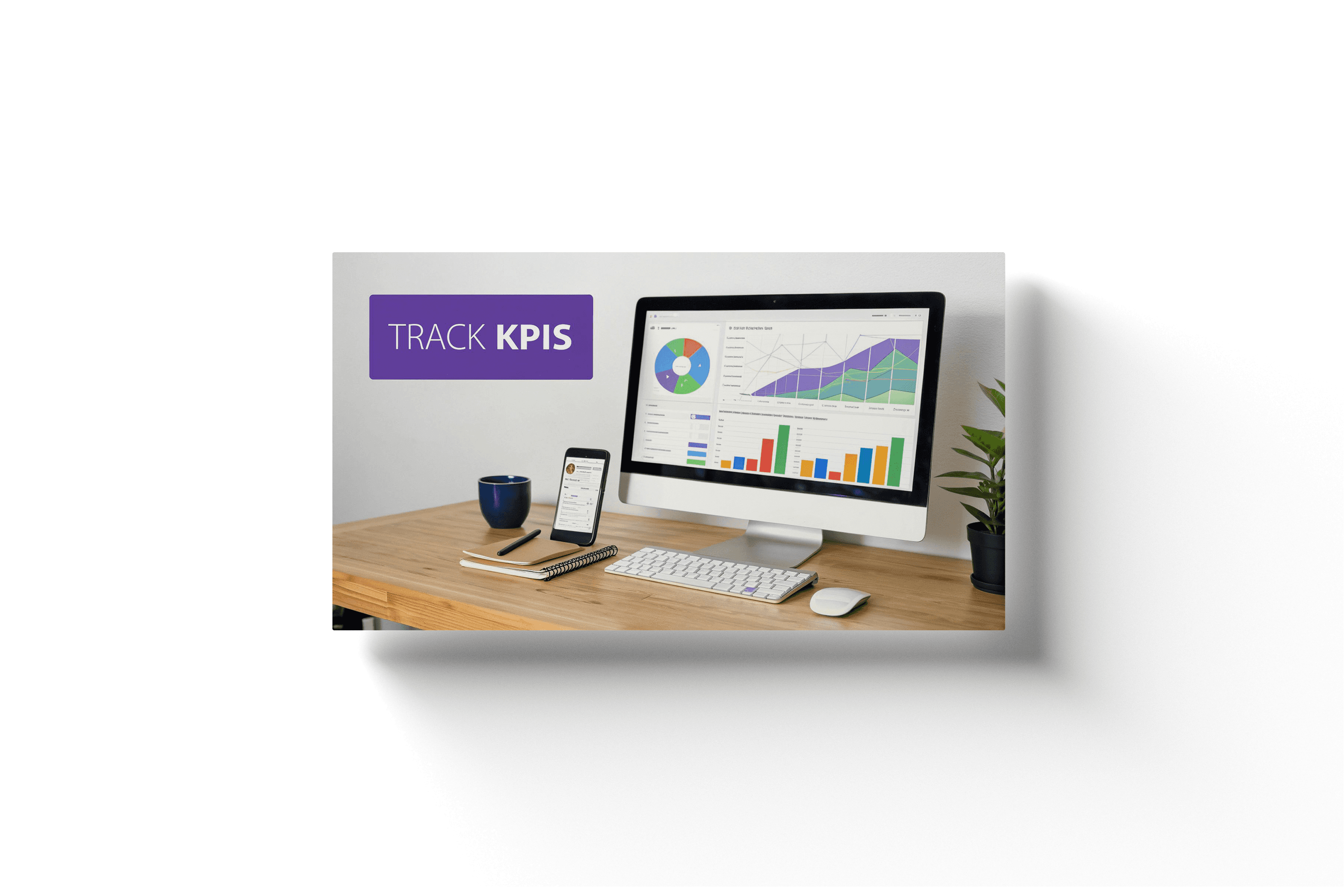 a desktop computer on a wooden desk witht he text 'track kpis' floating in the foreground