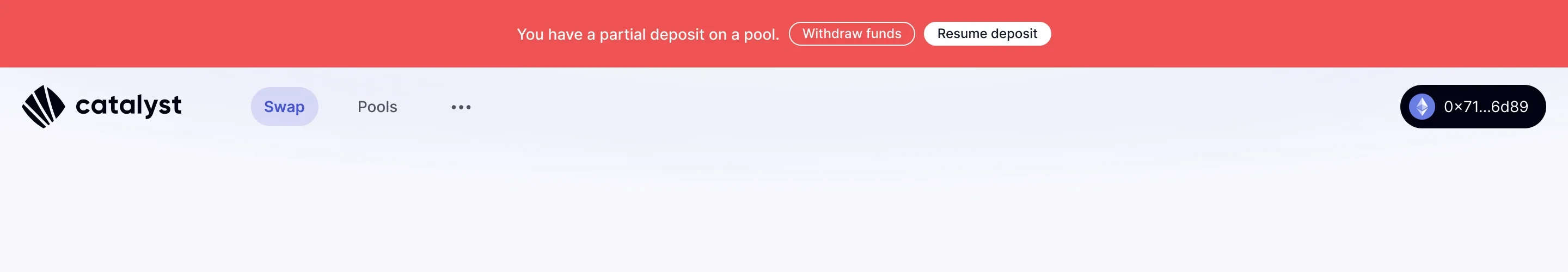 Red warning banner reading "You have a partial deposit on a pool" with Withdraw funds and Resume deposit actions