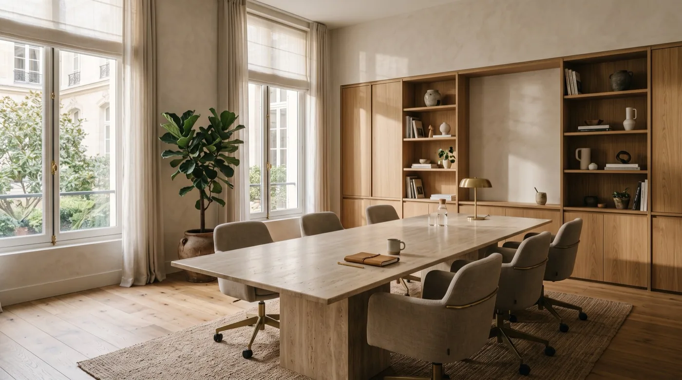 An empty meeting room with a long oak table, chairs and bookshelves