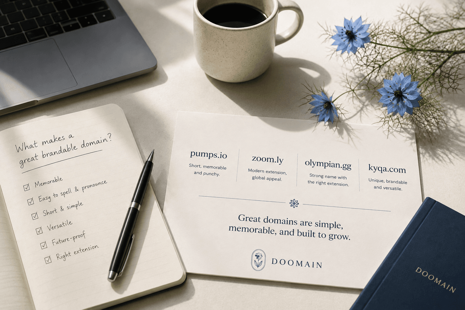 Minimal workspace with a notebook, coffee, blue flowers, and notes about choosing memorable brandable domains, illustrating the qualities of a strong domain name.