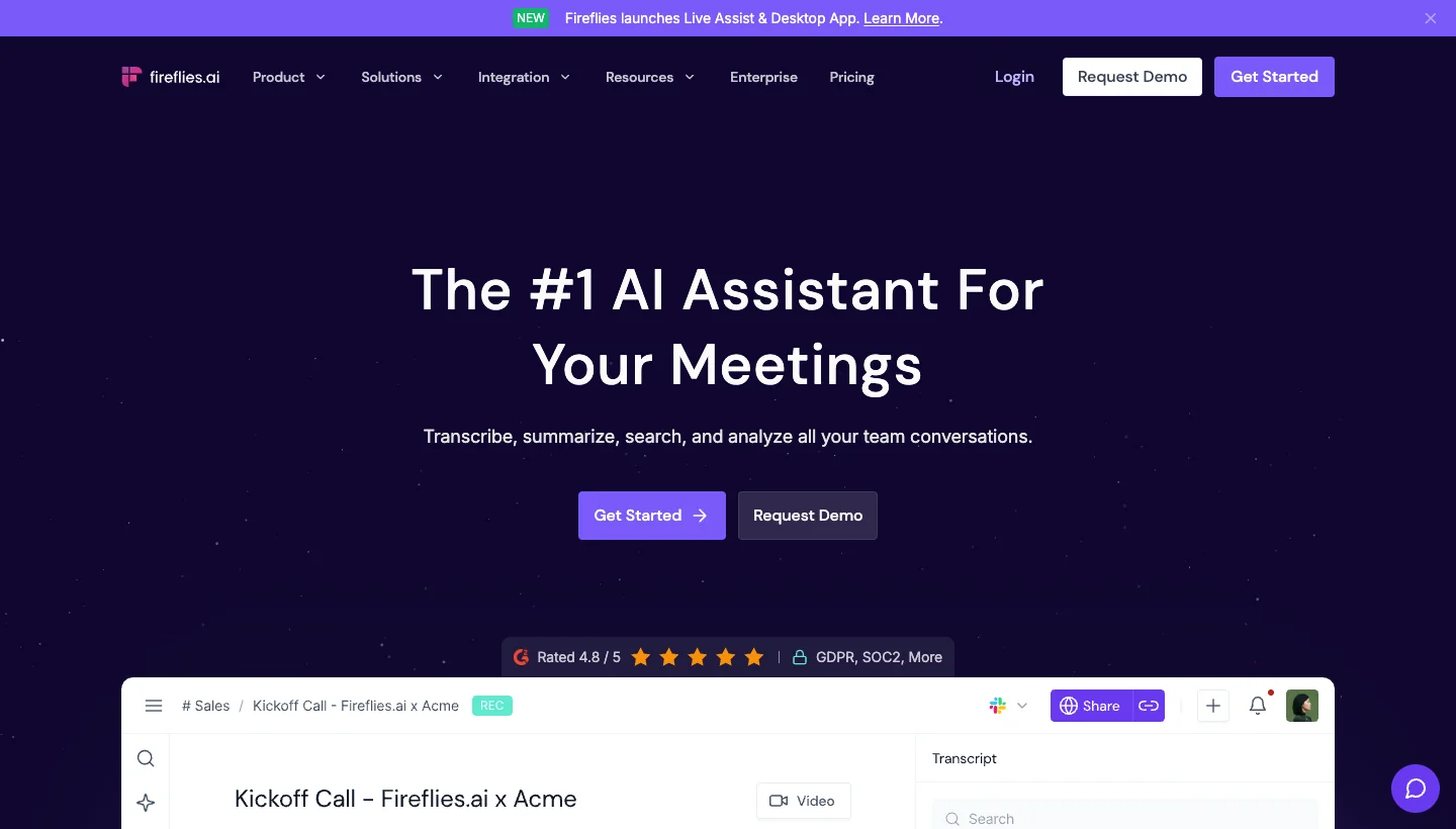 Fireflies.ai homepage: AI meeting recorder, transcription, and analysis tool