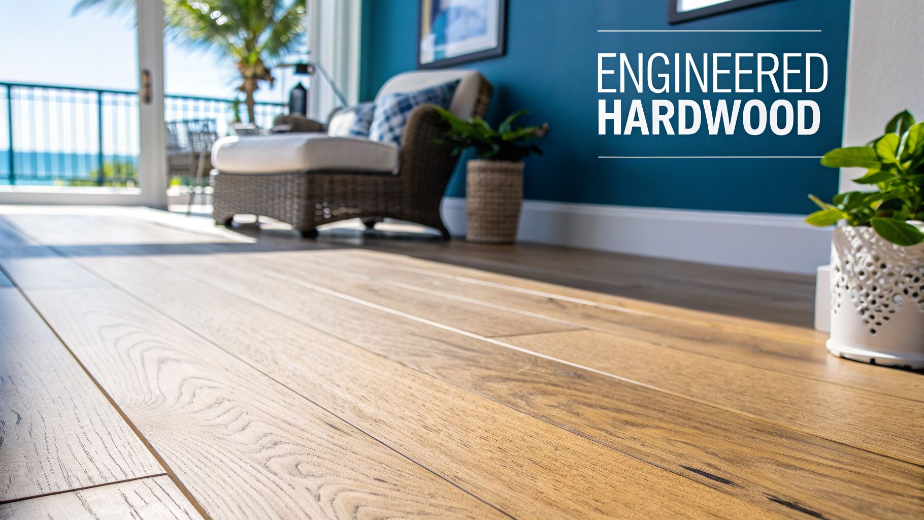Engineered hardwood flooring in a bright Florida room with ocean view and comfortable seating.