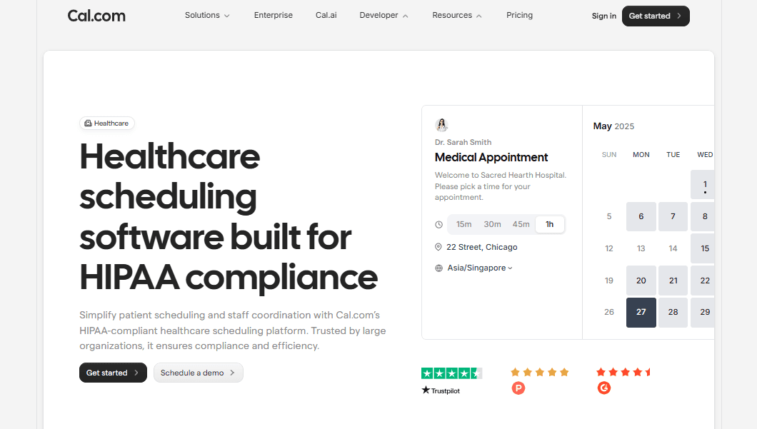 Healthcare product page screenshot of Cal.com showcasing hero section, navigation bar, and the 'Get started' button