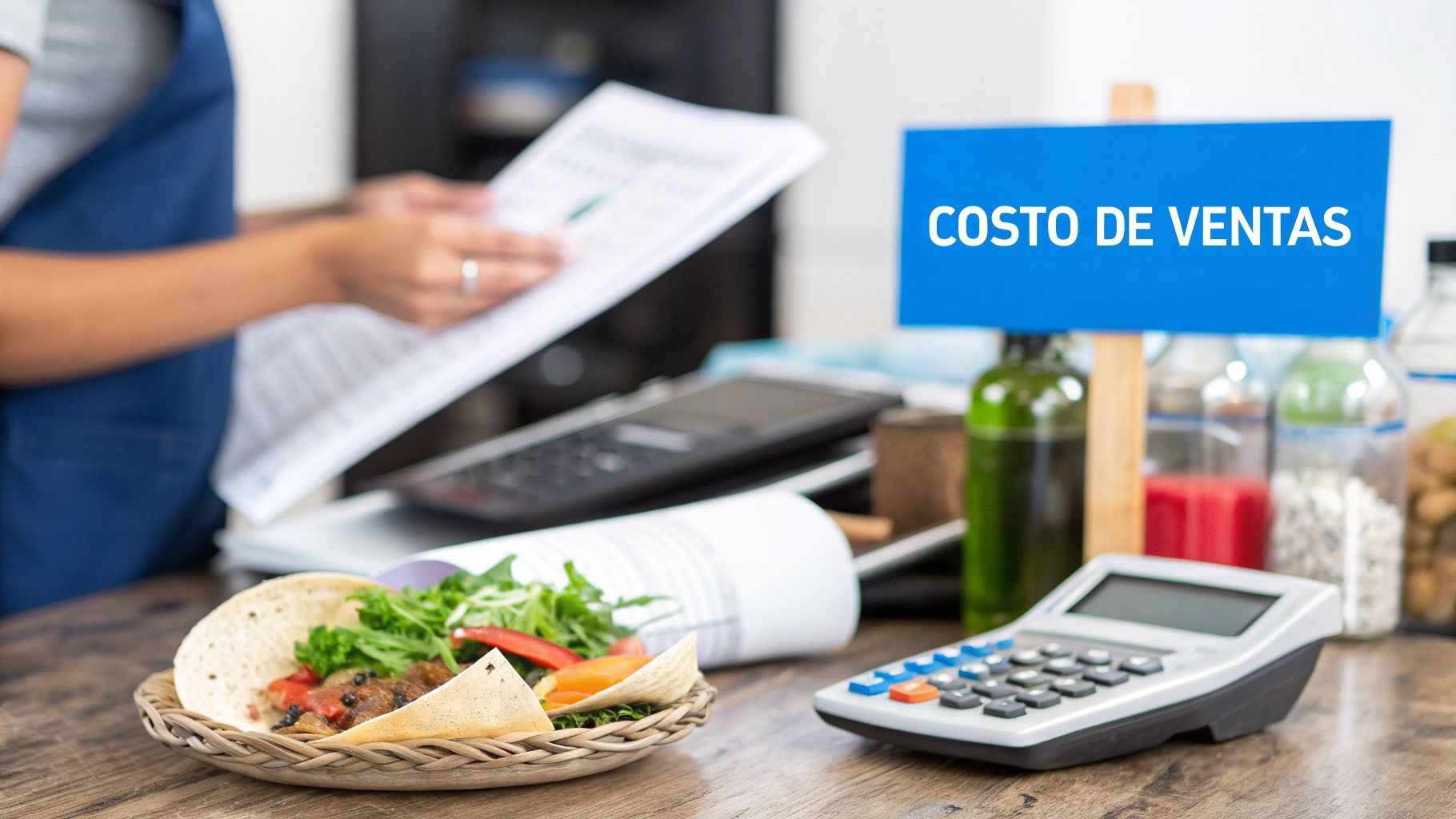 Persona calculando el costo de ventas de un platillo en un restaurante, con una calculadora y documentos.