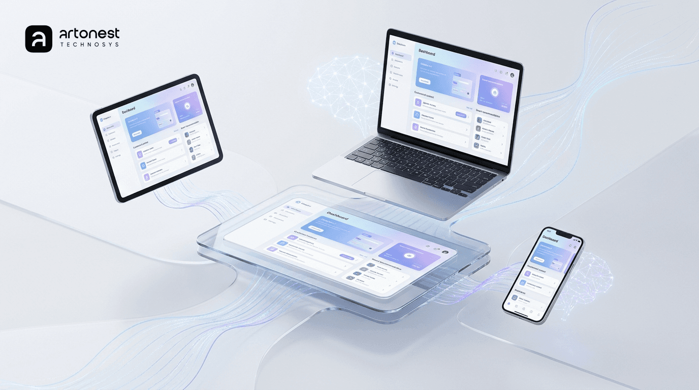 Artonest UI UX design dashboard displayed on laptop, tablet, and mobile with AI-driven interface in 2026