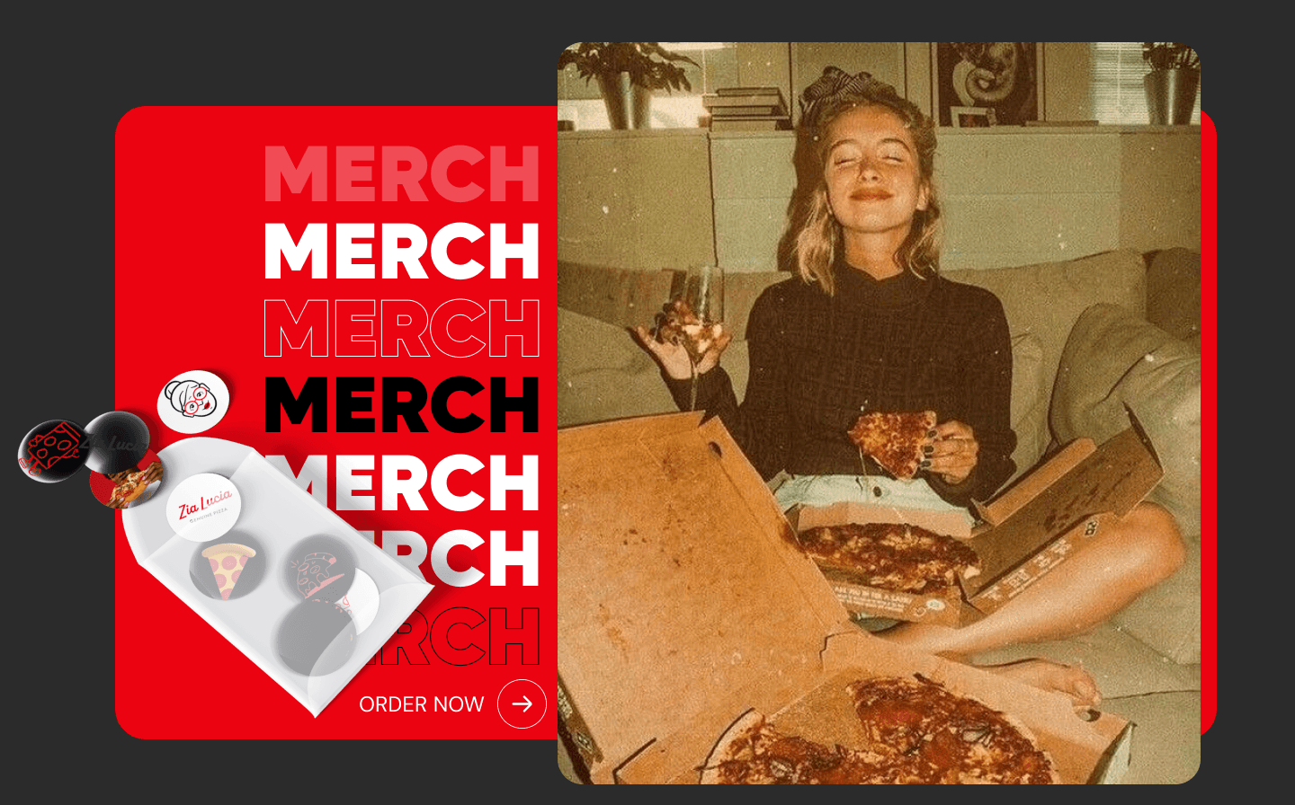 girl eating pizza and an ad for merch of the pizza place