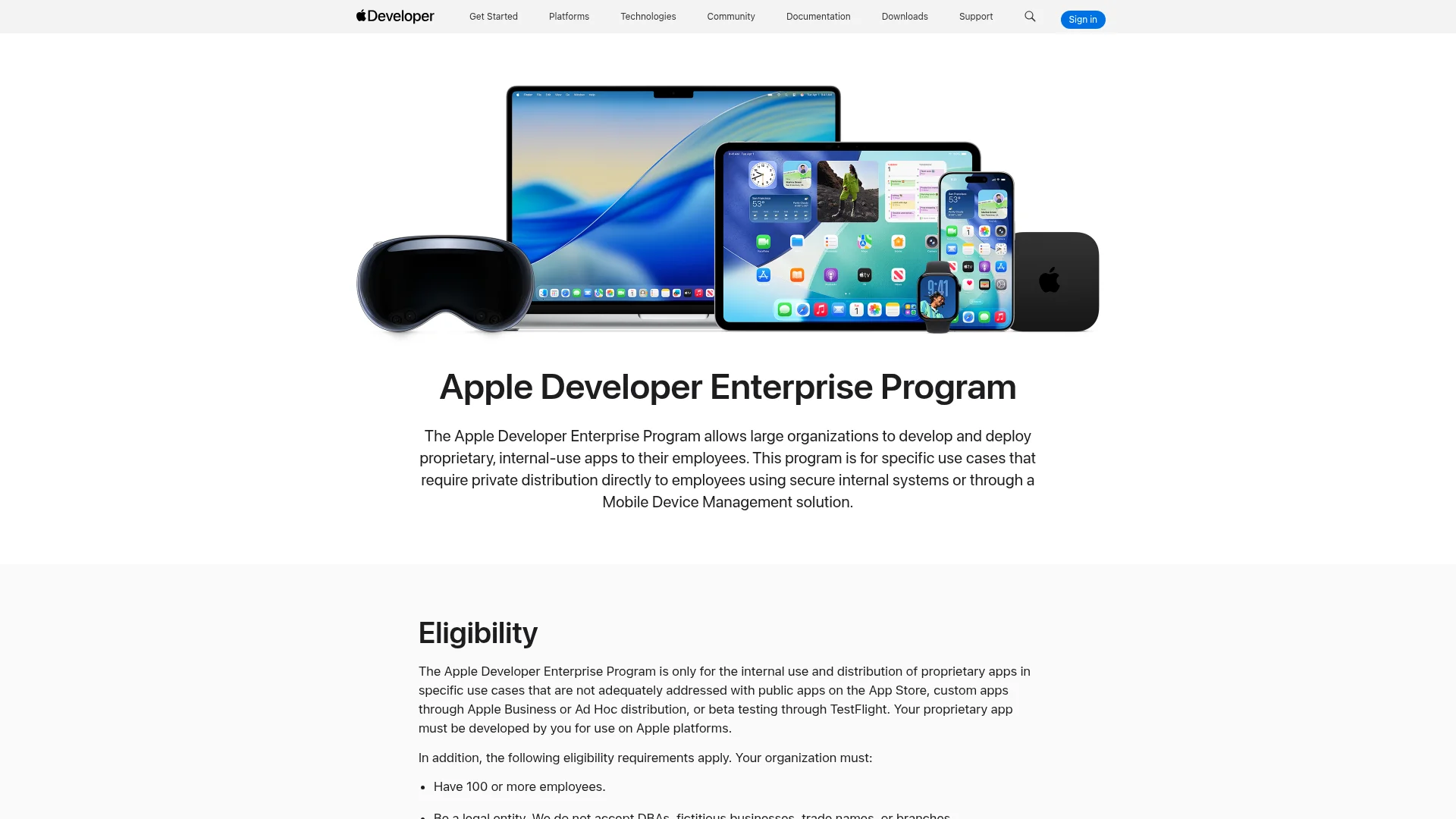 Apple Developer Enterprise Program page listing eligibility requirements