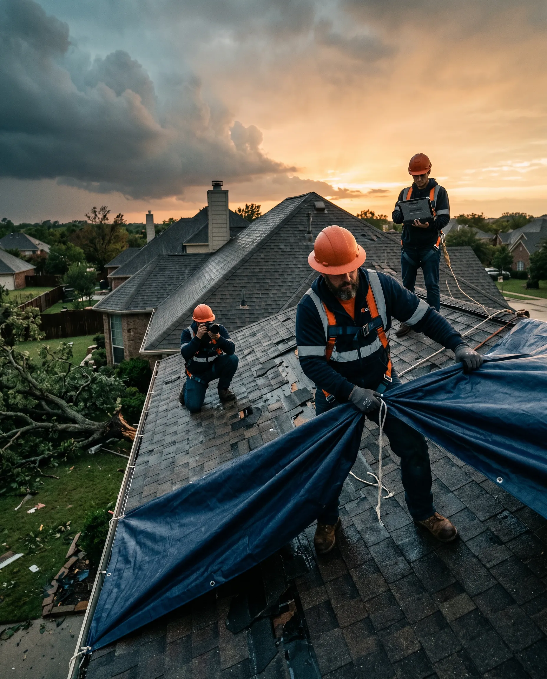 Team of roofers installing protective roofing material on a house at sunset.