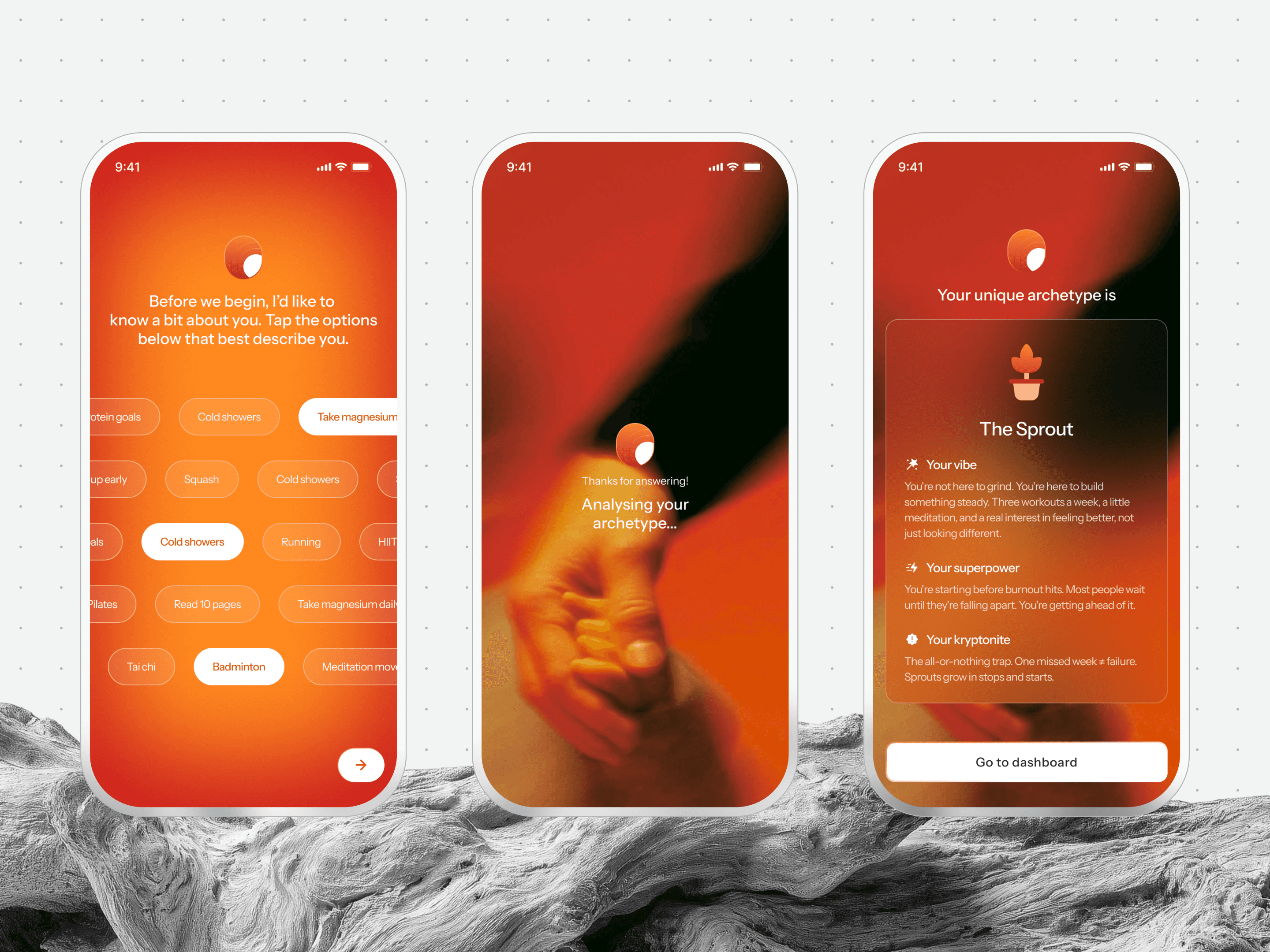A short onboarding turns a few taps about habits into an archetype, The Sprout, summed up as a vibe, a superpower and a kryptonite.