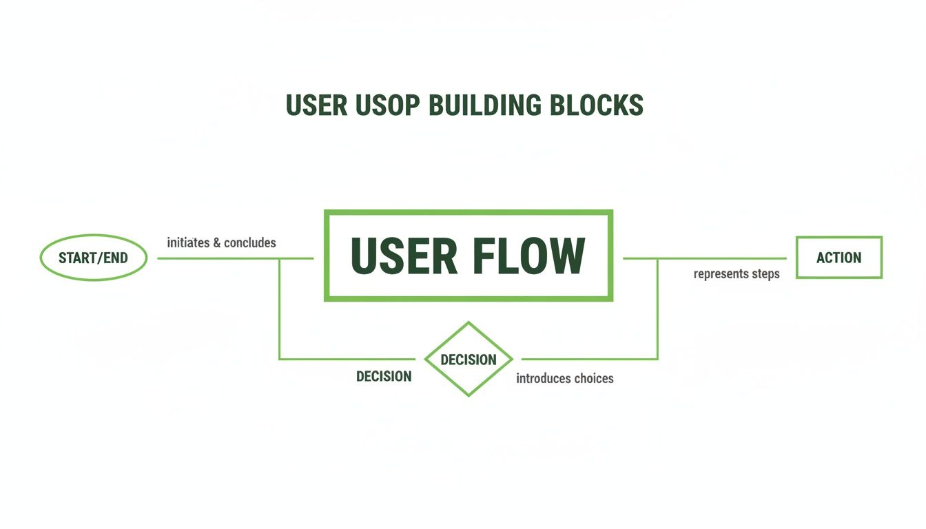 A user flow diagram illustrating building blocks: Start/End, User Flow, Action steps, and Decision points.