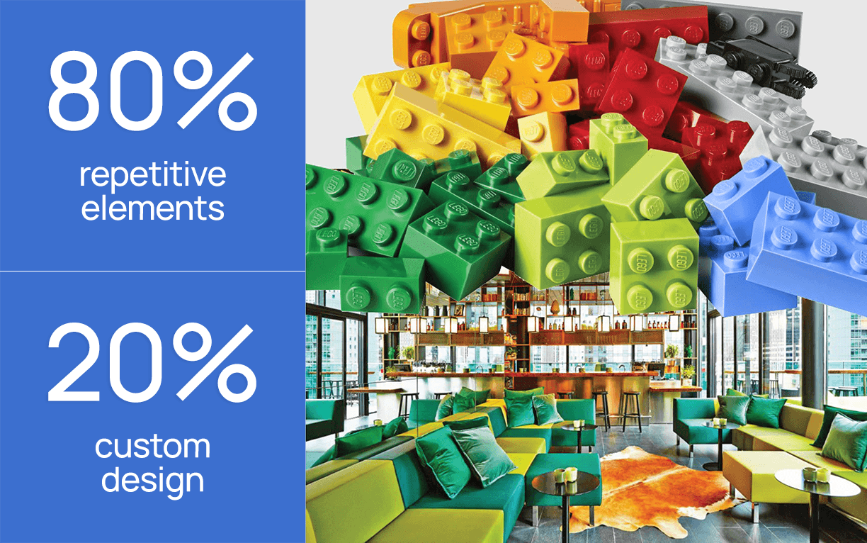 A vibrant array of Lego bricks symbolizing standardized elements, set above a highly custom, stylized lounge space.