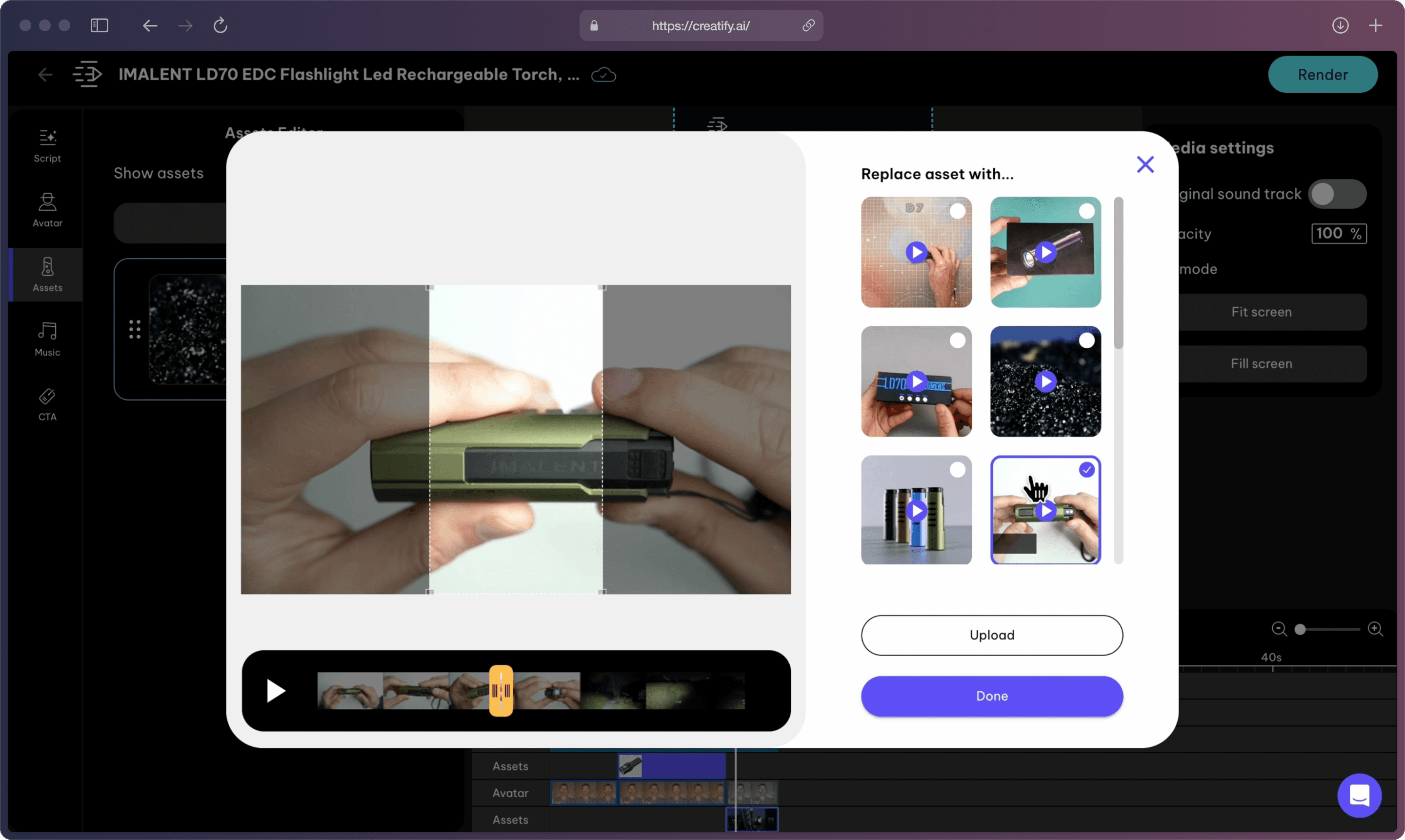 A screenshot of Creatify AI app’s Editor page showing several tools on the left, the “Assets” expanded in the middle showing visual assets options and a crop timeline.