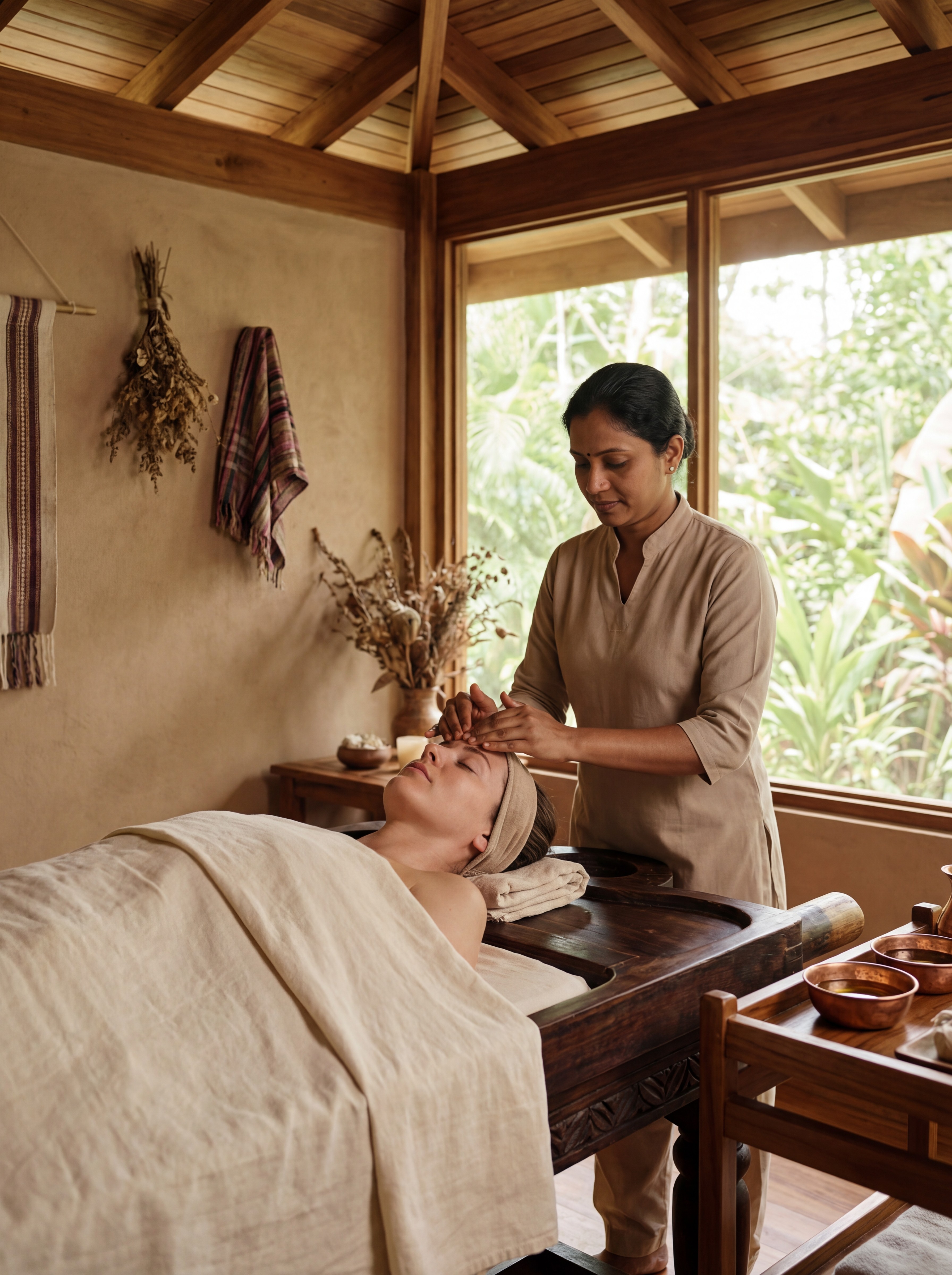 An indoor Ayurvedic neurological wellness treatment at an authentic Ayurvedic resort in Panama: an Indian Ayurvedic practitioner providing a gentle, non-invasive therapy to a guest resting on a traditional Indian wooden pathi. The guest appears deeply relaxed, eyes closed, calm facial expression. Subtle Ayurvedic elements such as warm herbal oils, cloth headband, or gentle touch around the head or shoulders. Warm wooden interiors, soft diffused natural light, linen fabrics, and a quiet, cocooned atmosphere. Emphasis on nervous system calming, mental clarity, and emotional balance. Earthy tones, muted neutrals, serene high-end wellness photography style.