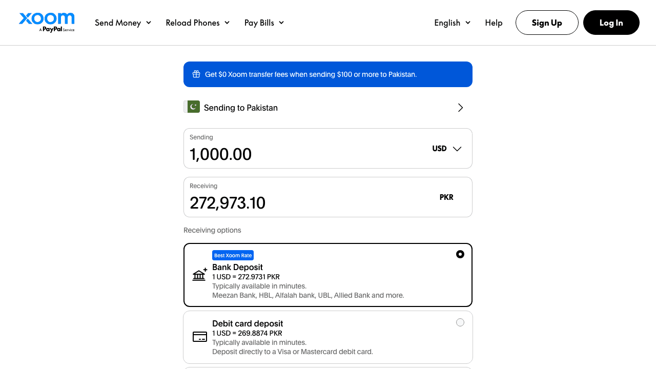Xoom bank-deposit quote showing USD 1,000 converted to PKR 272,973.10 at 272.9731 PKR per USD.