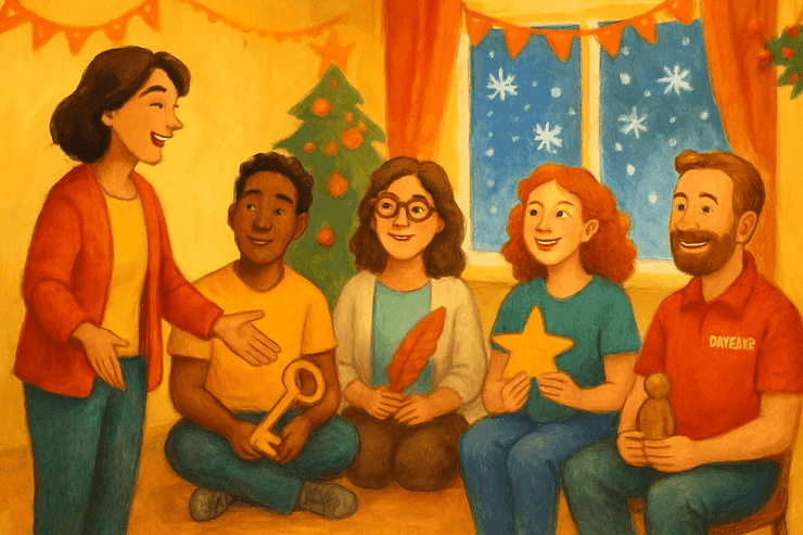 Fröhliche Gruppe von Menschen feiert Weihnachten drinnen. Frau zeigt auf sitzende Freunde, mit Stern, Schlüssel & Feder