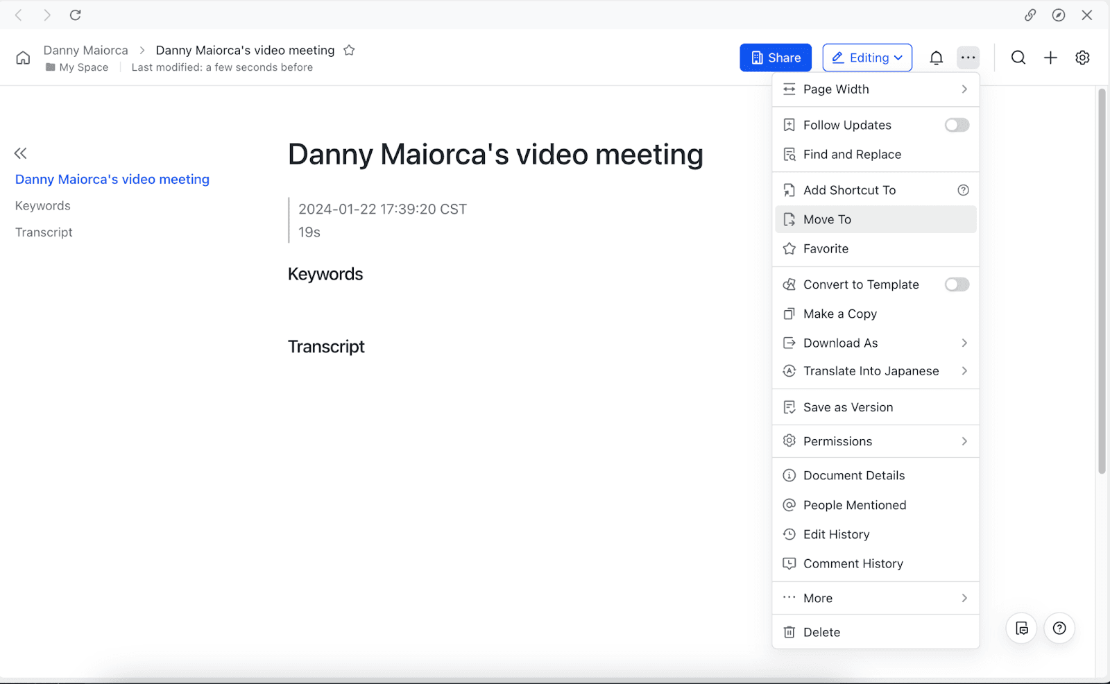 Video meeting options interface in Lark