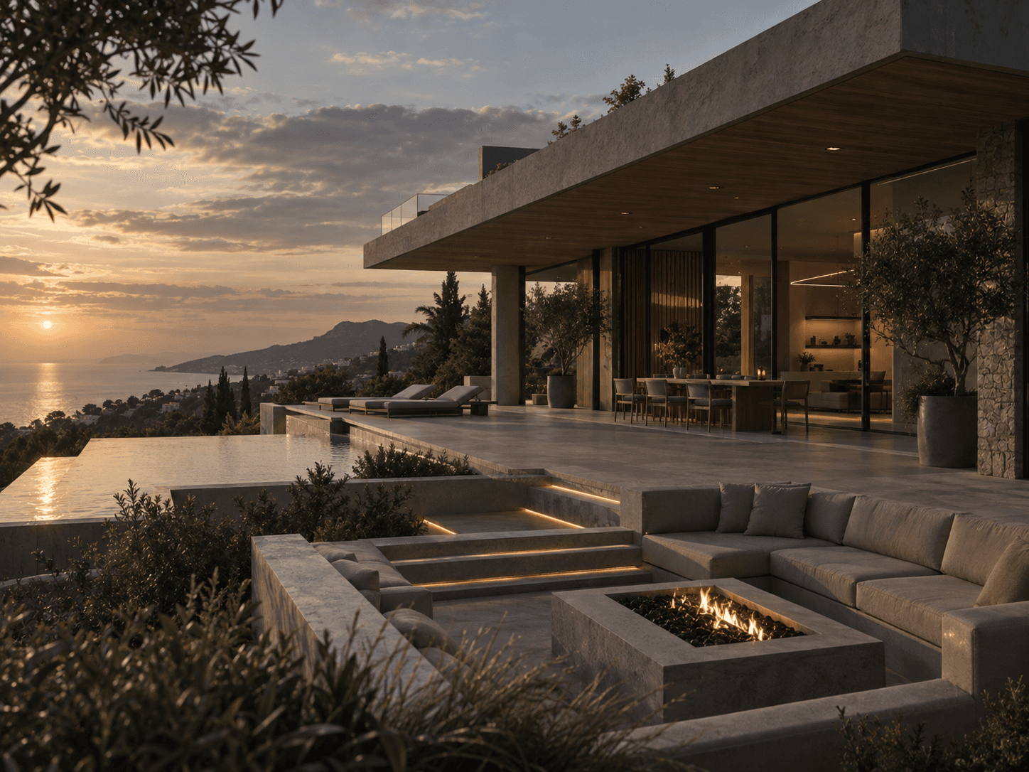 Illustrative coastal home with a terrace and pool at sunset