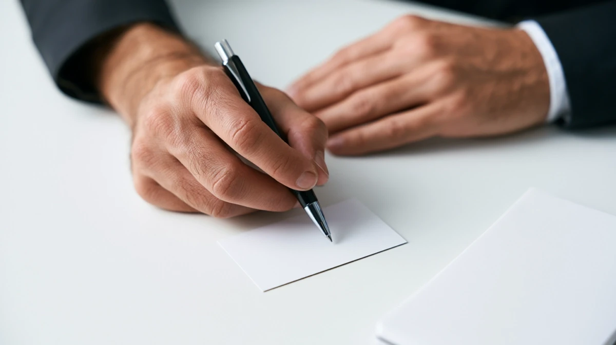 Man writing a short weekly note on a small blank index card at a table