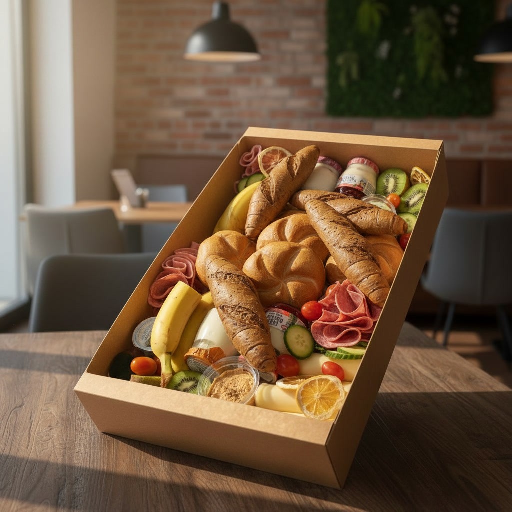 Gefüllte Frühstücksbox mit Brot, Obst, Aufstrichen und regionalen Spezialitäten in einer Take-away-Box