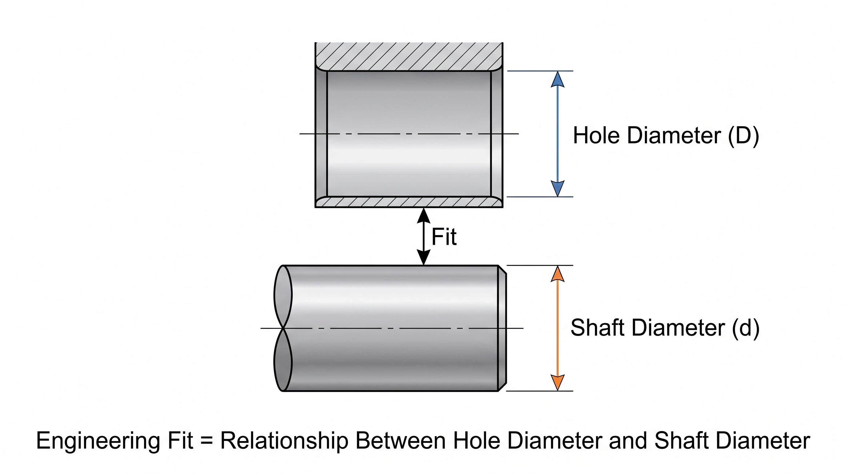 Illustration showing a cylindrical hole and matching shaft with dimension arrows labeled hole diameter and shaft diameter, demonstrating that an engineering fit is the dimensional relationship between the two mating components.