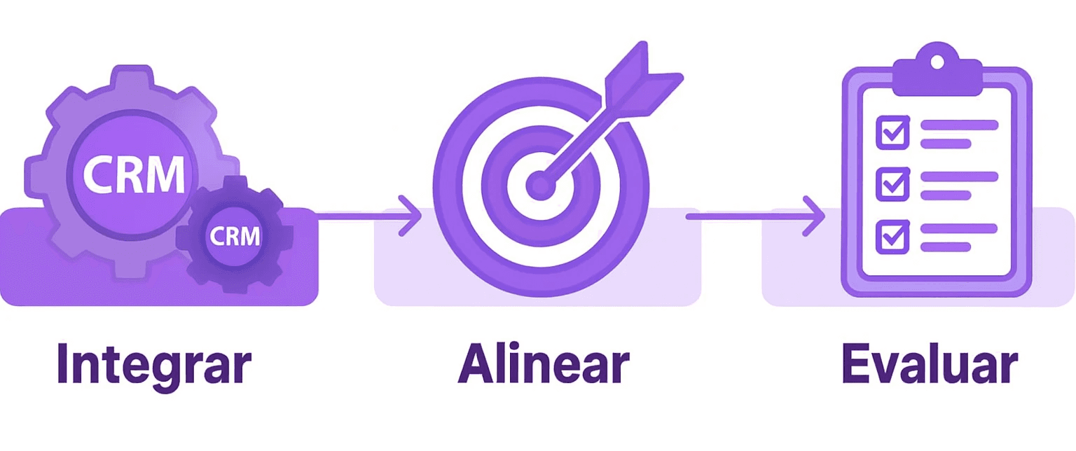 Proceso de tres pasos: integrar CRM, alinear objetivos con diana y evaluar resultados con lista de verificación