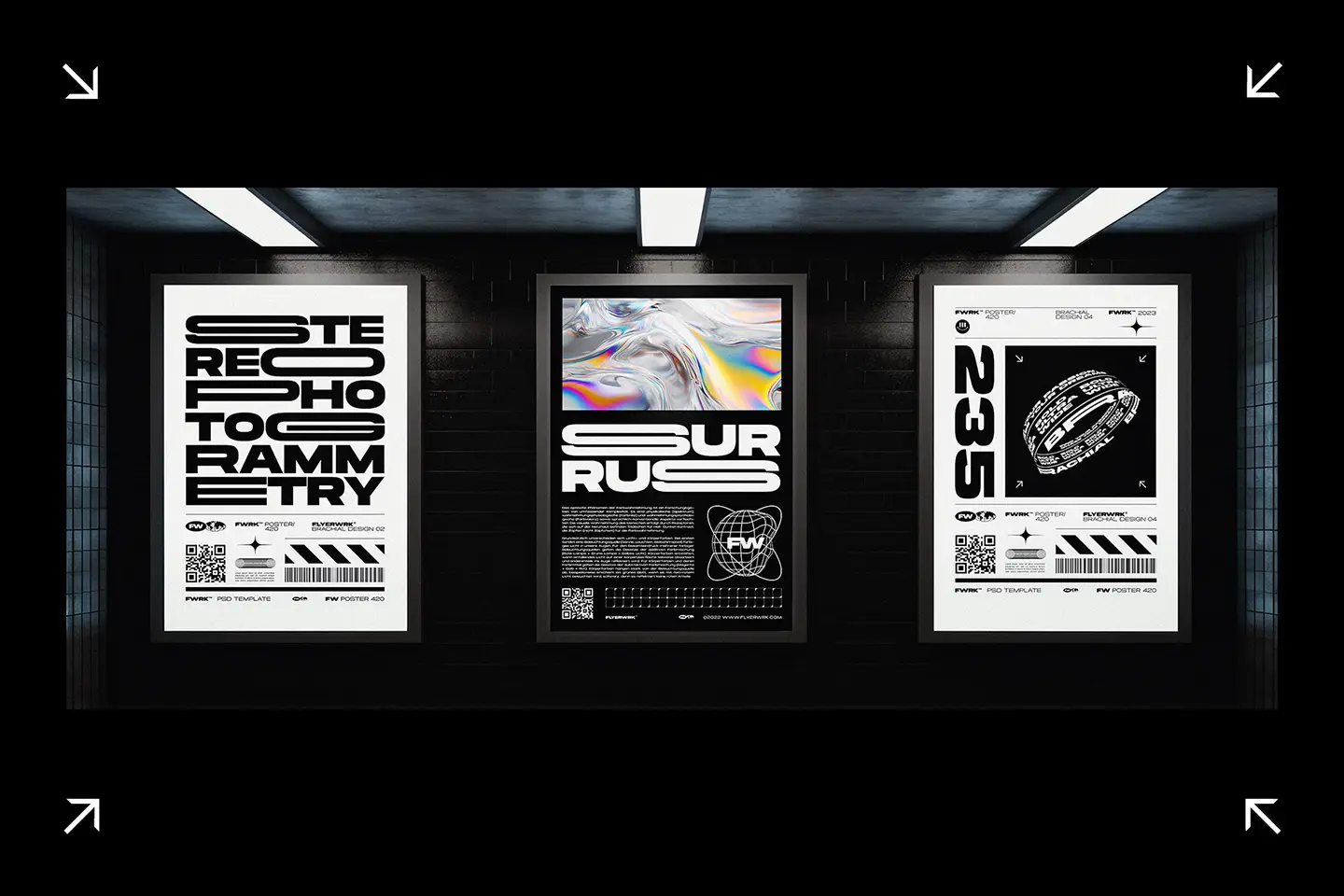 Three vertical posters in a dark subway setting featuring Brachial wide geometric sans serif font