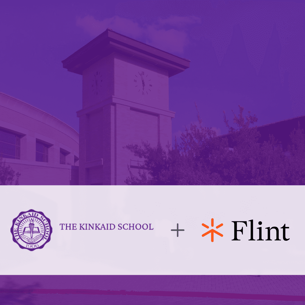 Kinkaid School Logo plus Flint logo overlaid on top of purple picture of Kinkaid school building.