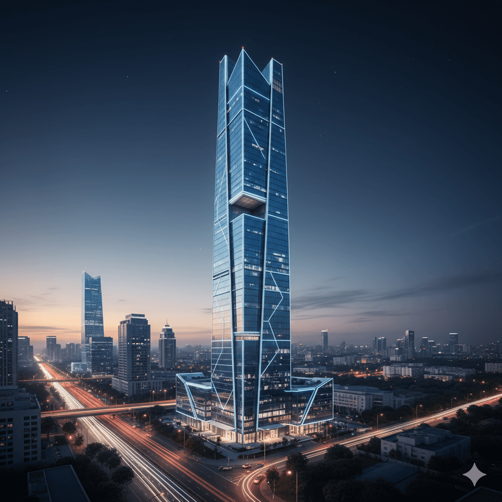 Futuristic glass commercial skyscraper with neon architectural lighting at dusk in Gurugram.