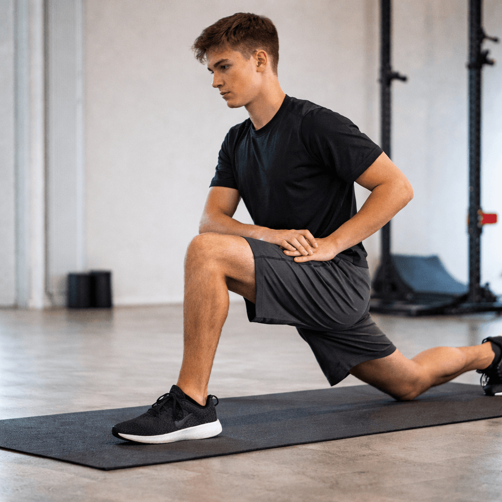 Abstract blurred image of a red and yellow flower with a green stem on a soft white background, creating a flowing, painterly effect.