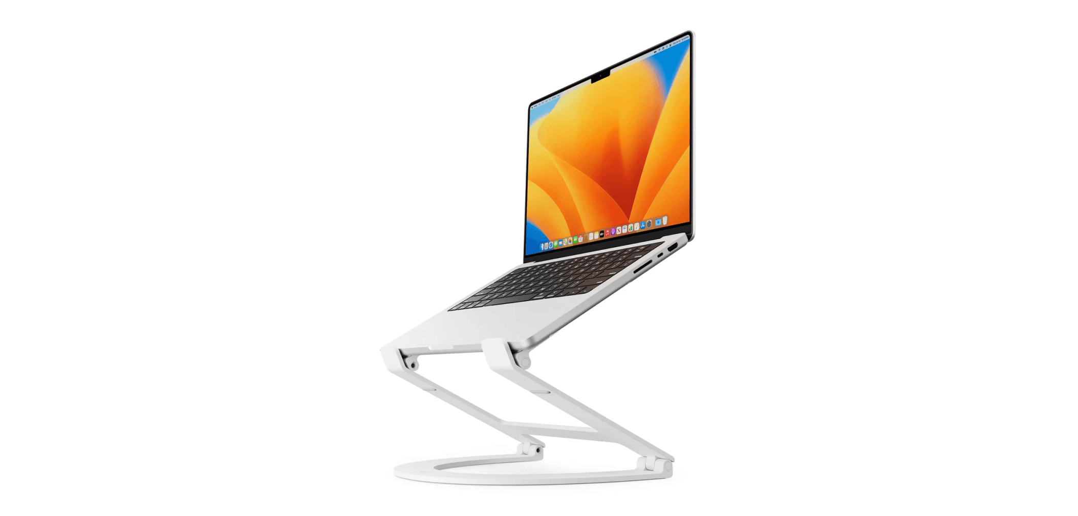 A sleek aluminum laptop stand holding an open MacBook at eye level against a white background, showcasing an ergonomic and minimalist design.