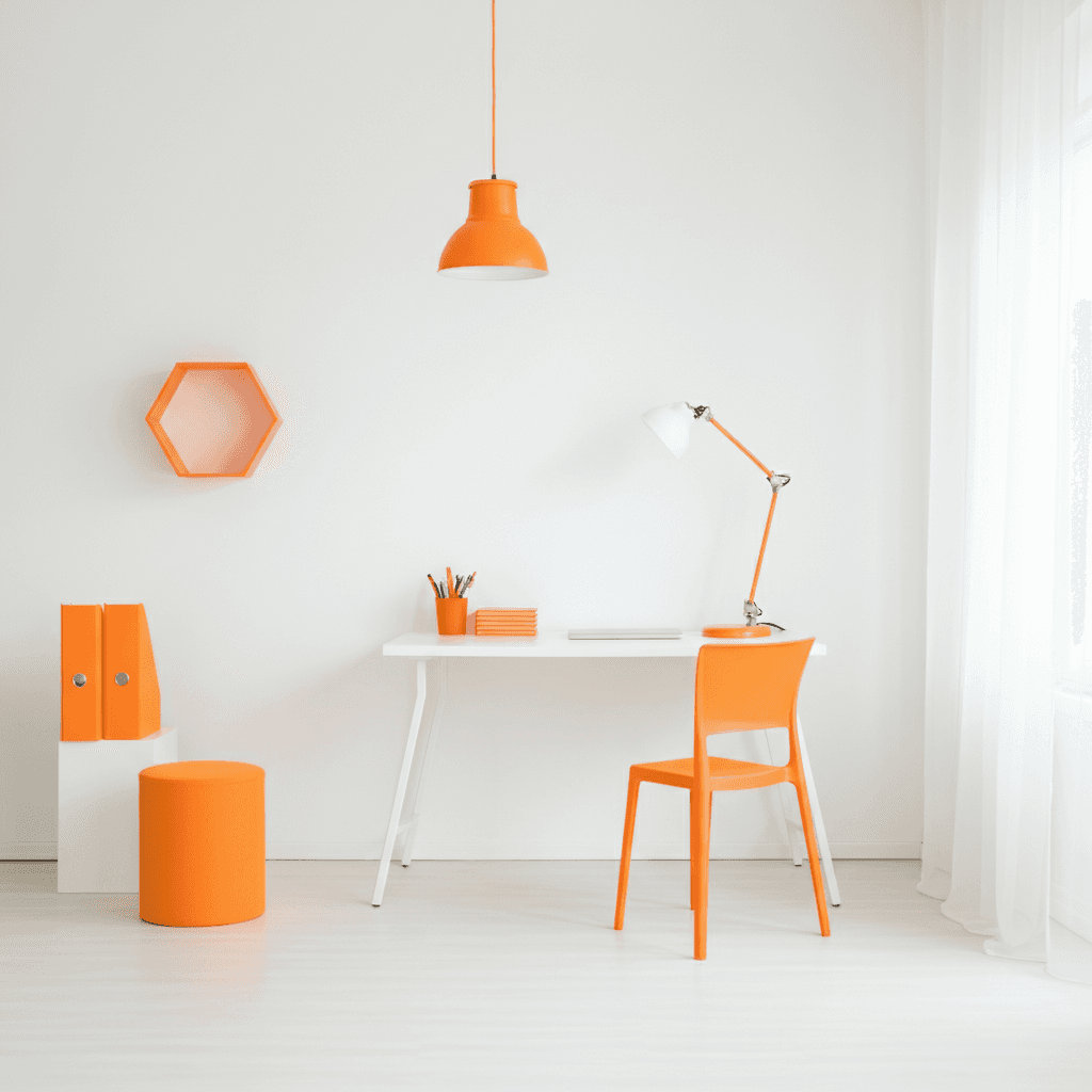 minimal white office, with an orange accent