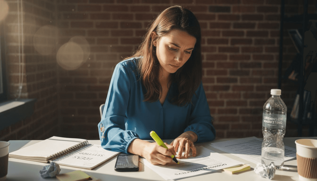 Strategist working on campaign plan at desk