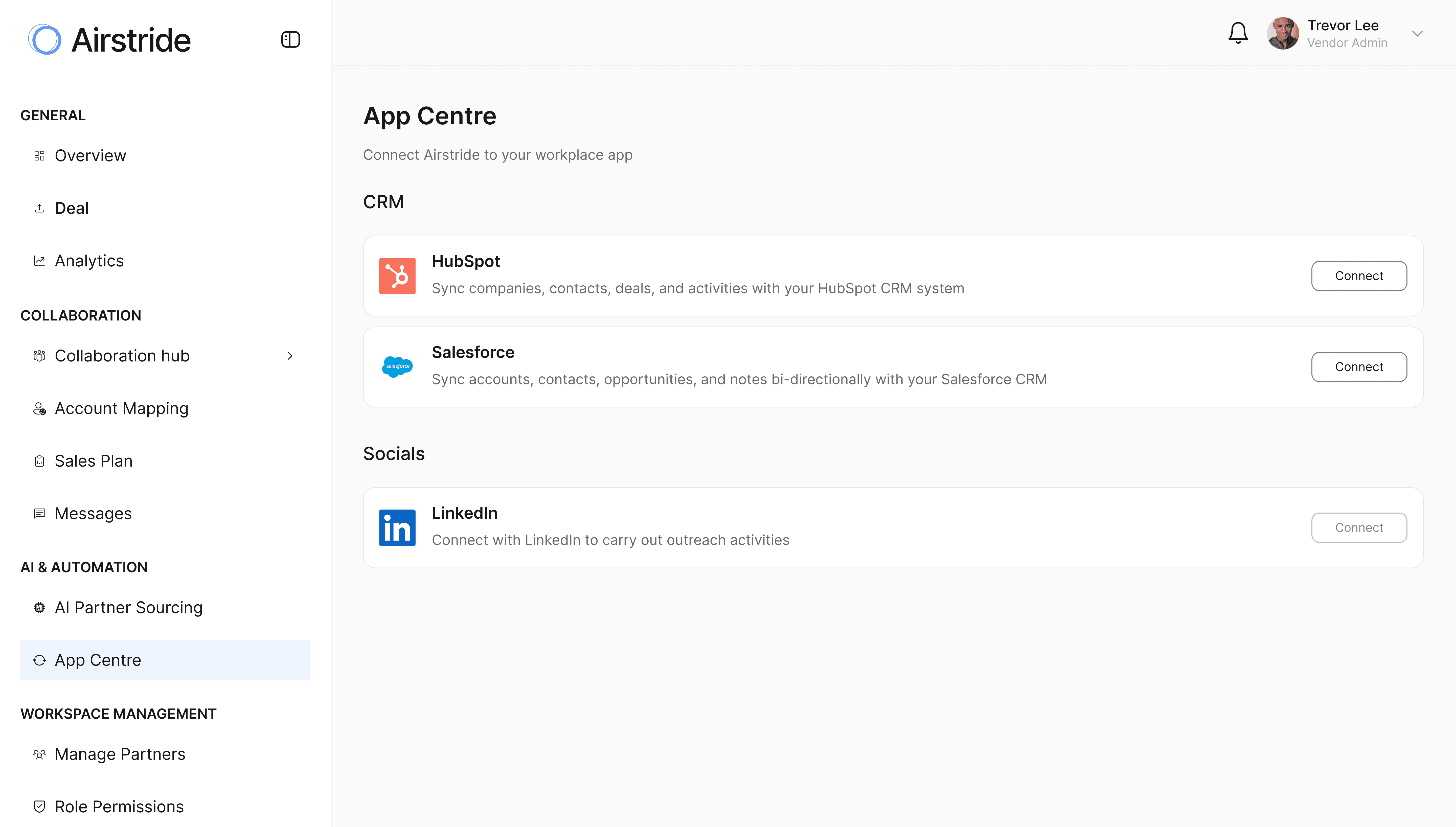 Airstiride App Centre Showing CRM integrations.