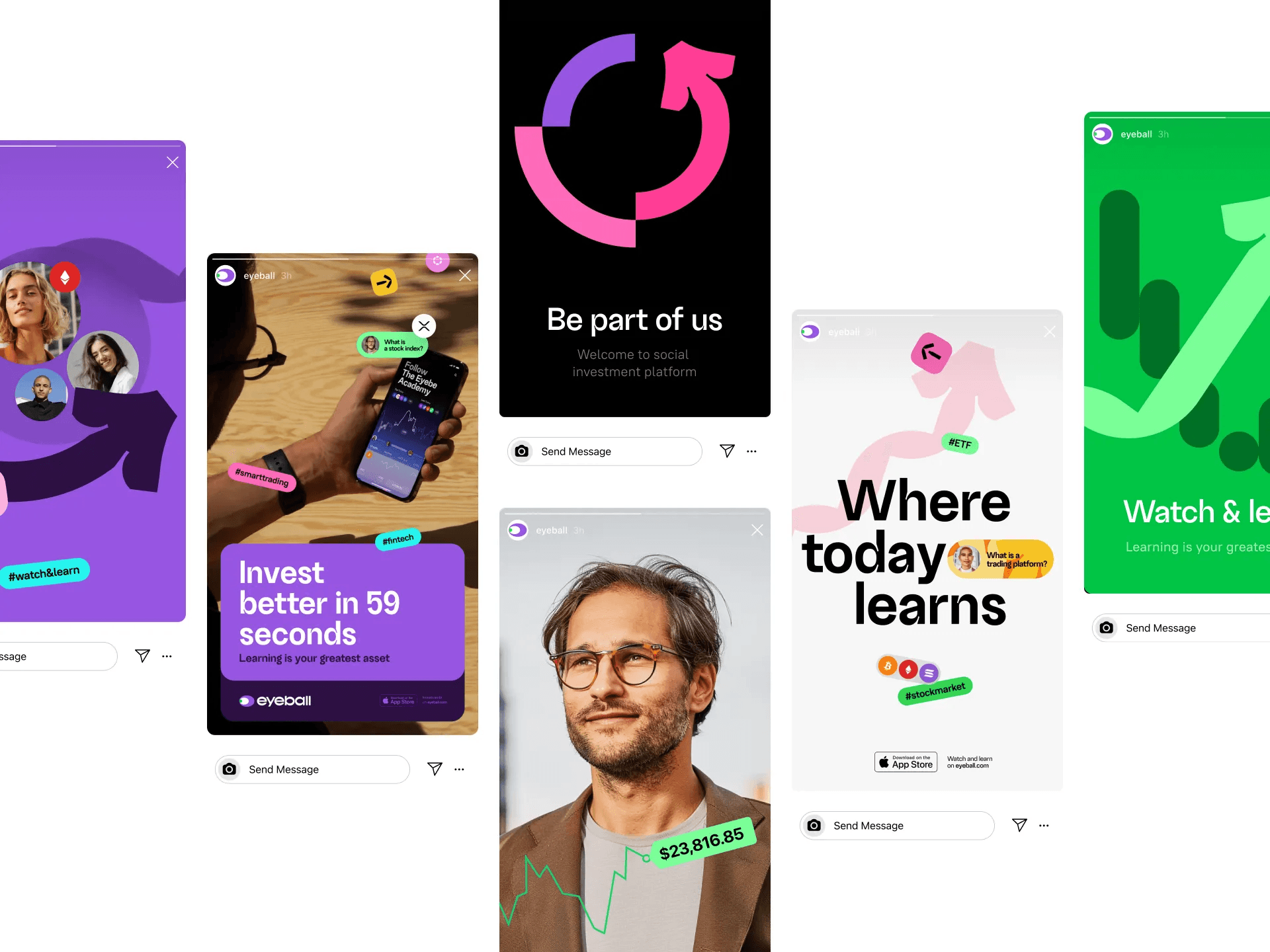 A collage of colorful app screens featuring various designs and a portrait of a man, showcasing digital content.